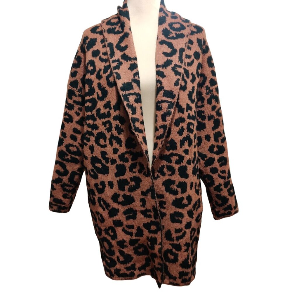 Time and Tru M Brown Black Leopard Print Knit Open Front Longline Cardigan Indie